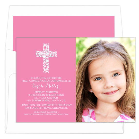 Pink Floral Lace Cross Photo Communion Invitations